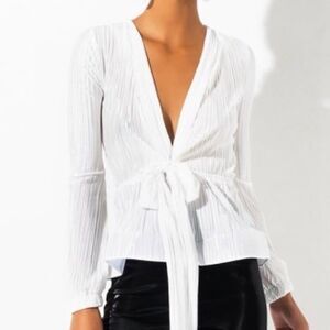 Akira plunge plisse textured long sleeve tie front blouse
